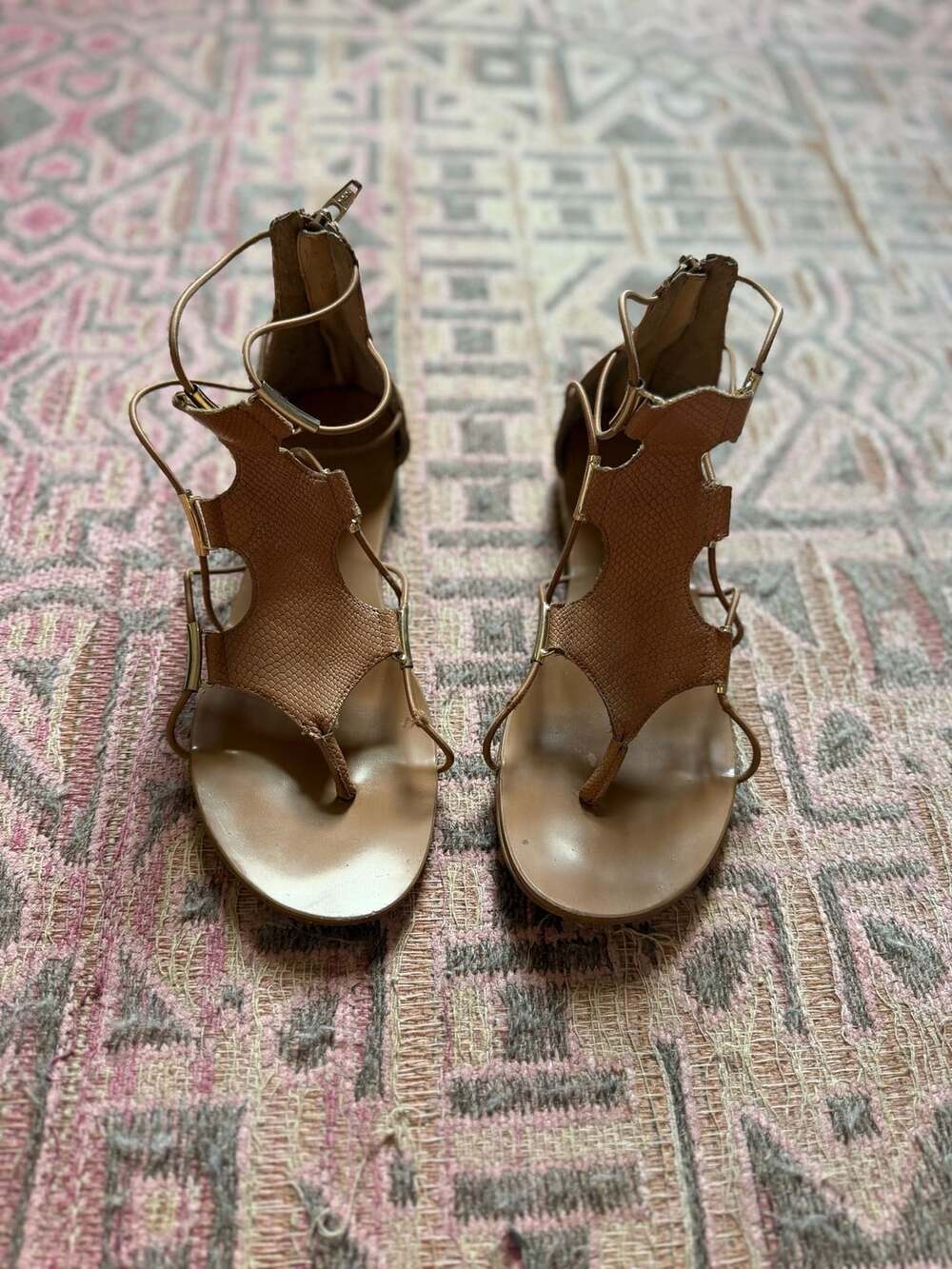 ALDO Tan Faux Snakeskin Lace-Up Gladiator Flat Sandals with Gold Hardware